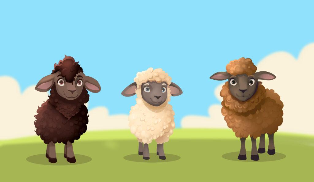 The Woolies, three smiling lambs, stand together in a meadow.